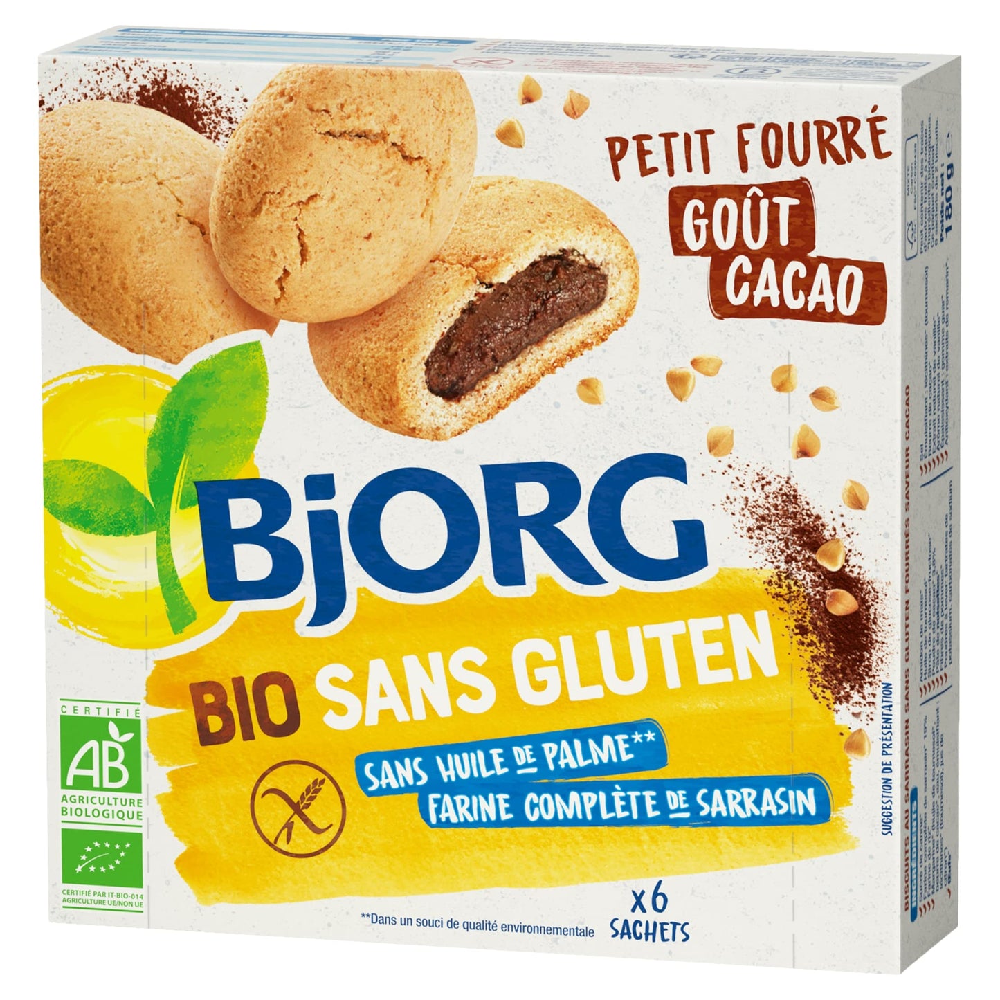 BJORG - Biscuits Petit Fourrés Goût Cacao - Bio et Sans Gluten - Farine Complète de Sarrasin - Sans Huile de Palme - Paquet de 180 g